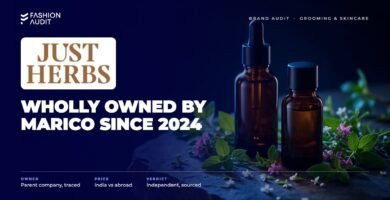 Just Herbs brand audit by FashionAudit: Just Herbs logo over ayurvedic herbal skincare bottles with fresh herbs and flowers on stone