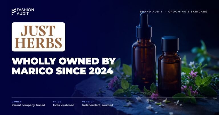Just Herbs brand audit by FashionAudit: Just Herbs logo over ayurvedic herbal skincare bottles with fresh herbs and flowers on stone