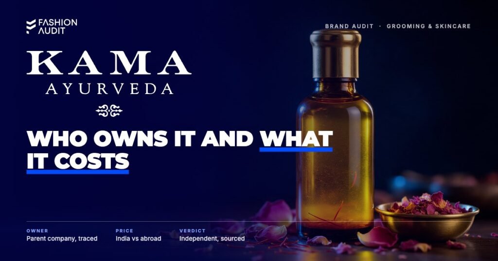 Kama Ayurveda brand audit by FashionAudit: Kama Ayurveda logo over an Ayurvedic face oil with rose petals and saffron