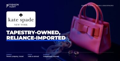 Kate Spade brand audit by FashionAudit: Kate Spade logo over a playful bright-coloured leather handbag with a bow detail