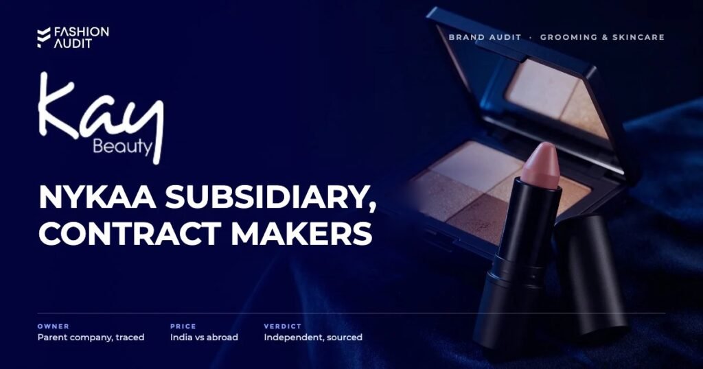 Kay Beauty brand audit by FashionAudit: Kay Beauty logo and the headline “Nykaa Subsidiary, Contract Makers” over matte lip crayons and a highlighter palette with gold flecks on velvet