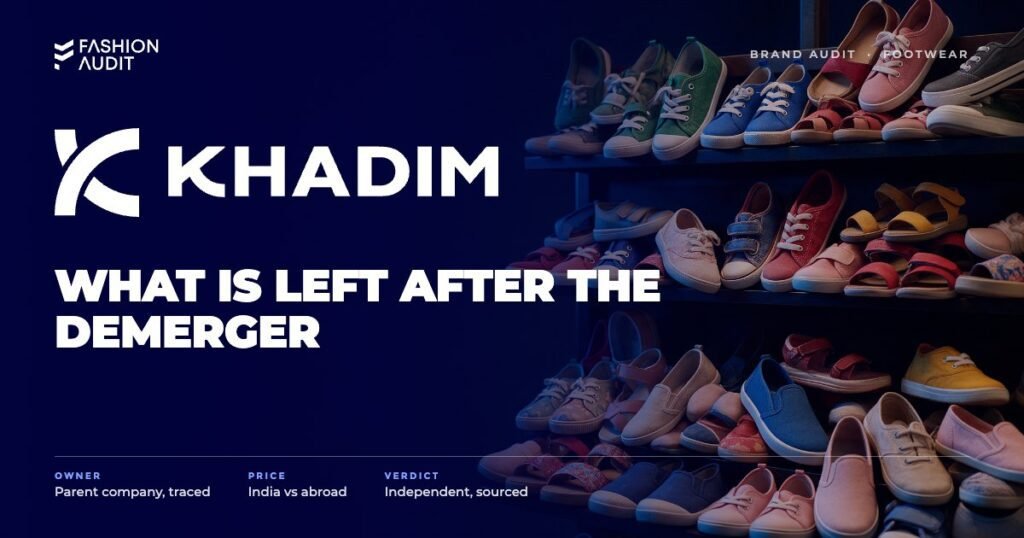 Khadim's brand audit by FashionAudit: Khadim's logo over colourful affordable family footwear arranged on store shelves