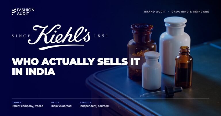 Kiehl's brand audit by FashionAudit: Kiehl's logo over apothecary-style amber and white jars and bottles with a pharmacy dropper