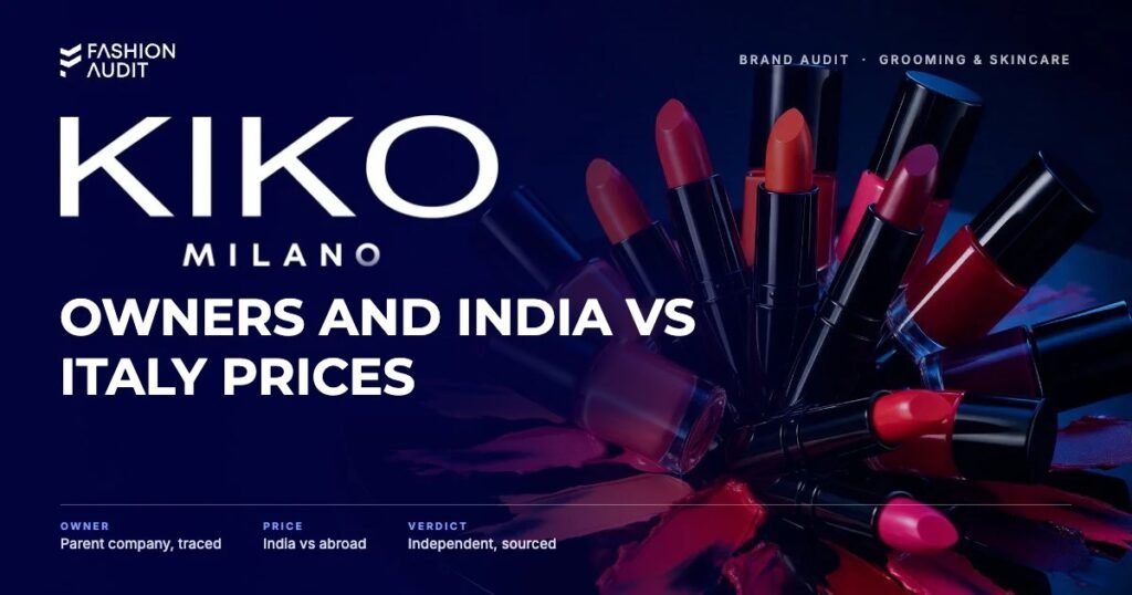 KIKO Milano brand audit by FashionAudit: KIKO Milano logo and the headline “Owners and India vs Italy Prices” over a fan of colourful lipsticks and nail polish bottles in bright Italian colours