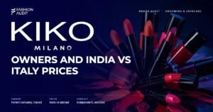 KIKO Milano brand audit by FashionAudit: KIKO Milano logo and the headline “Owners and India vs Italy Prices” over a fan of colourful lipsticks and nail polish bottles in bright Italian colours