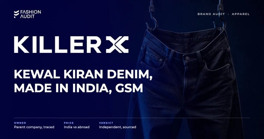Killer Jeans brand audit by FashionAudit: Killer Jeans logo and the headline “Kewal Kiran Denim, Made in India, GSM” over rugged black and blue denim jeans hanging on industrial hooks