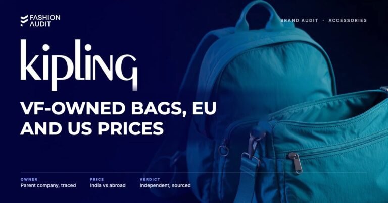 Kipling brand audit by FashionAudit: Kipling logo and the headline “VF-Owned Bags, EU and US Prices” over a lightweight crinkled nylon crossbody bag and backpack in bright teal