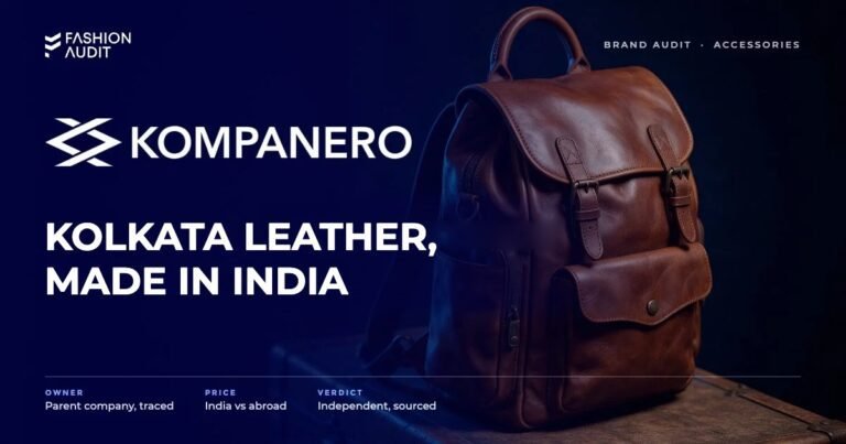 Kompanero brand audit by FashionAudit: Kompanero logo and the headline “Kolkata Leather, Made in India” over a vintage hand-burnished brown leather backpack on a rustic trunk