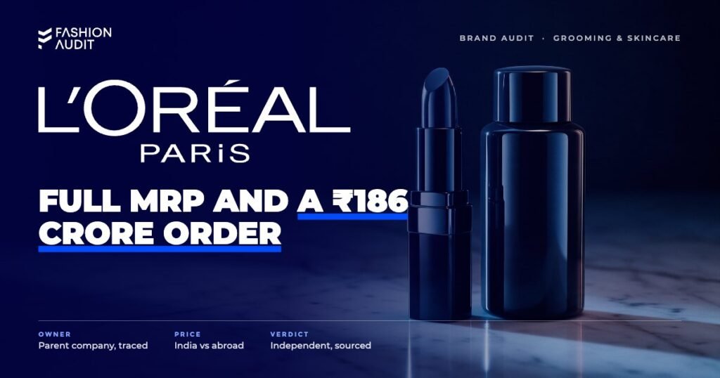 L'Oréal Paris brand audit by FashionAudit: L'Oréal Paris logo over a glossy lipstick and a hair colour bottle on Parisian marble