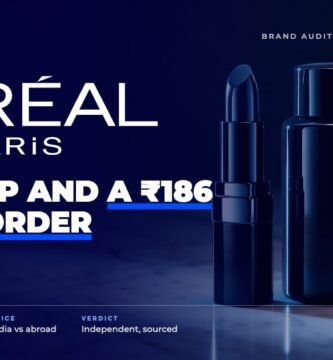 L'Oréal Paris brand audit by FashionAudit: L'Oréal Paris logo over a glossy lipstick and a hair colour bottle on Parisian marble