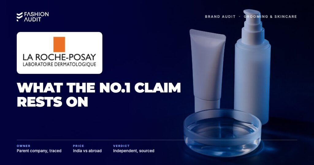La Roche-Posay brand audit by FashionAudit: La Roche-Posay logo over dermatological sunscreen and moisturiser
