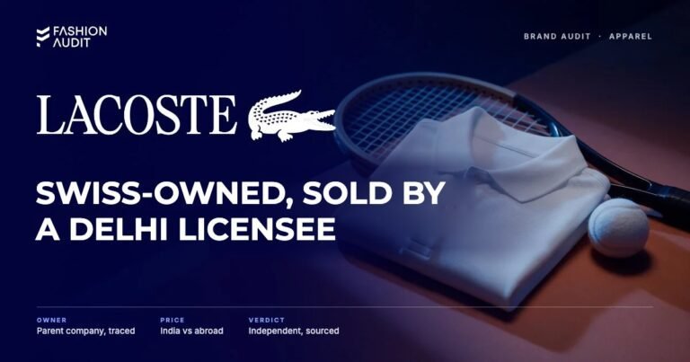 Lacoste brand audit by FashionAudit: Lacoste logo and the headline “Swiss-Owned, Sold by a Delhi Licensee” over a white piqué cotton polo shirt folded with a tennis racket and a tennis ball