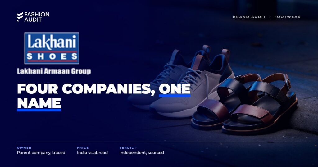 Lakhani brand audit by FashionAudit: Lakhani logo over a pair of casual sports shoes and sandals on a city sidewalk