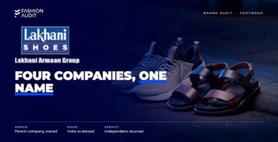 Lakhani brand audit by FashionAudit: Lakhani logo over a pair of casual sports shoes and sandals on a city sidewalk