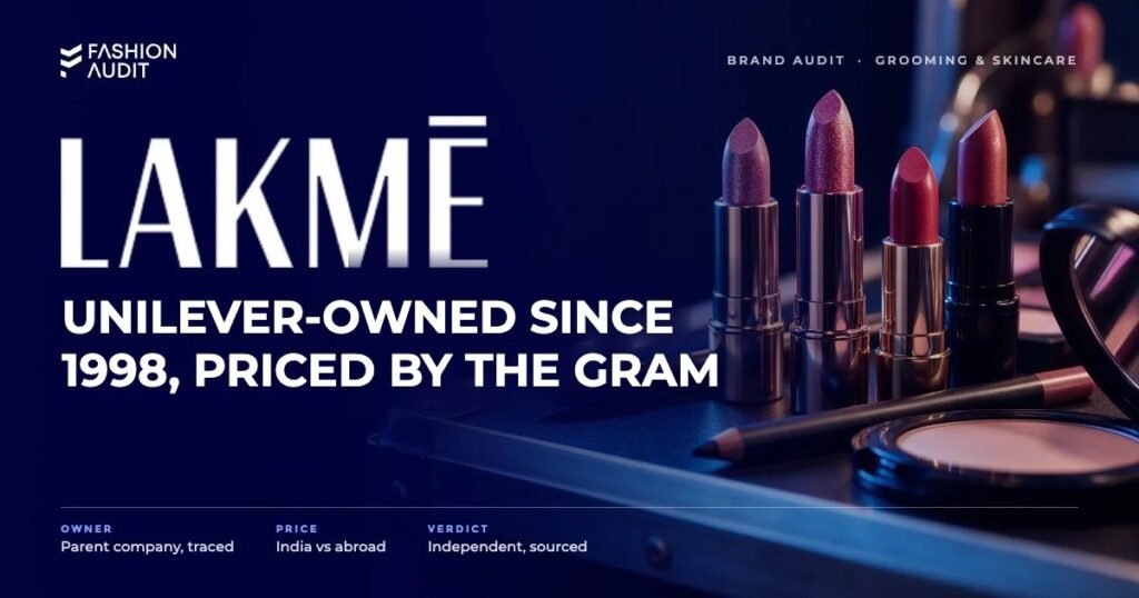 Lakmé brand audit by FashionAudit: Lakmé logo and the headline “Unilever-Owned Since 1998, Priced by the Gram” over glamorous lipsticks