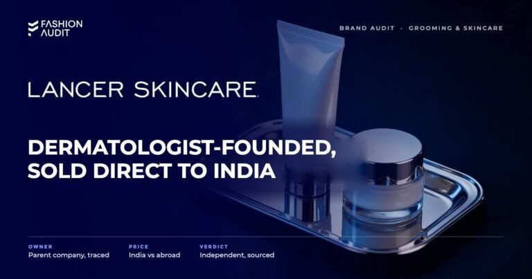 Lancer brand audit by FashionAudit: Lancer logo and the headline “Dermatologist-Founded, Sold Direct to India” over a luxury skincare cleanser and cream jar with a polished silver tray