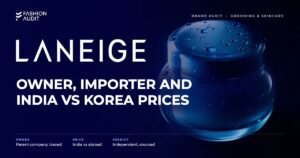 Laneige brand audit by FashionAudit: Laneige logo and the headline “Owner, Importer and India vs Korea Prices” over a hydrating sleeping mask jar with cool blue water droplets