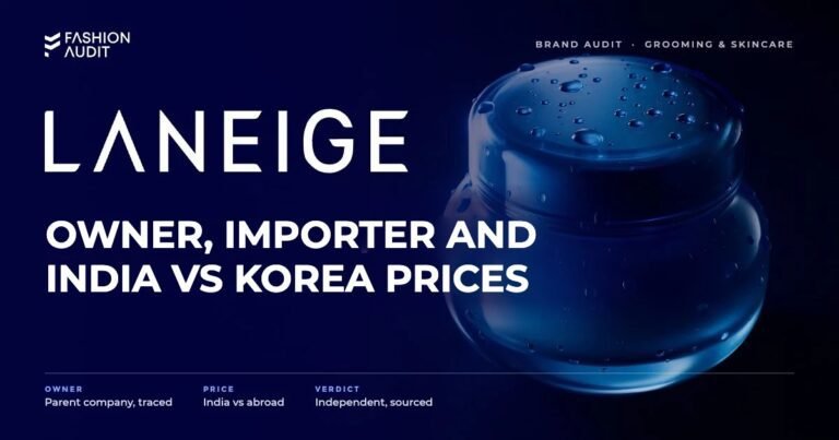 Laneige brand audit by FashionAudit: Laneige logo and the headline “Owner, Importer and India vs Korea Prices” over a hydrating sleeping mask jar with cool blue water droplets