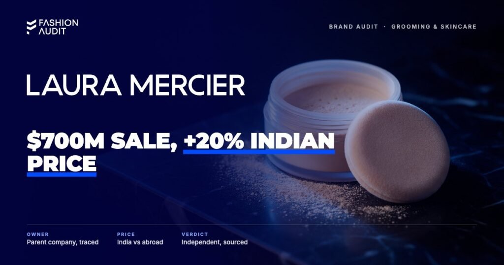 Laura Mercier brand audit by FashionAudit: Laura Mercier logo over loose setting powder with a velvet puff