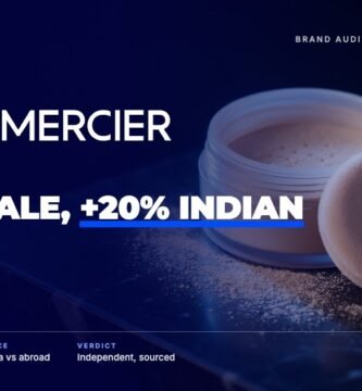 Laura Mercier brand audit by FashionAudit: Laura Mercier logo over loose setting powder with a velvet puff