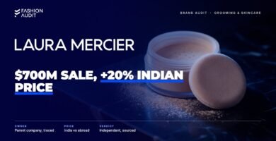 Laura Mercier brand audit by FashionAudit: Laura Mercier logo over loose setting powder with a velvet puff