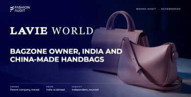 Lavie brand audit by FashionAudit: Lavie logo and the headline “Bagzone Owner, India and China-Made Handbags” over a structured women's satchel and a sling bag in blush pink on a marble table