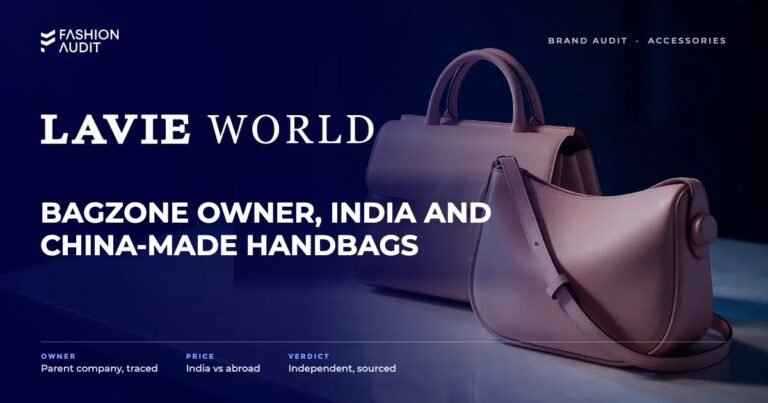 Lavie brand audit by FashionAudit: Lavie logo and the headline “Bagzone Owner, India and China-Made Handbags” over a structured women's satchel and a sling bag in blush pink on a marble table