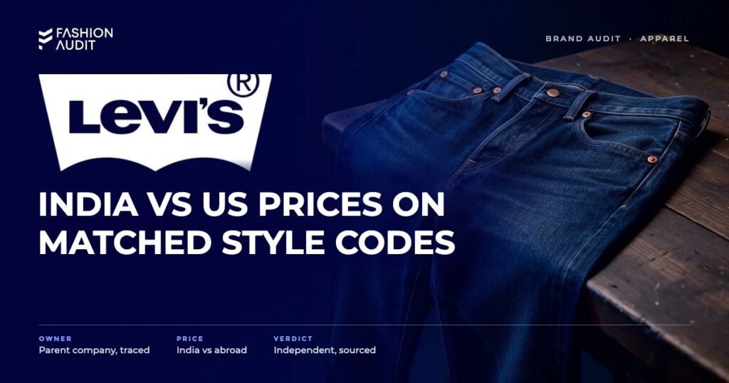Levi's brand audit by FashionAudit: Levi's logo and the headline “India vs US Prices on Matched Style Codes” over classic indigo five-pocket jeans with copper rivets on a workbench