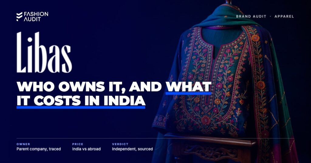 Libas brand audit by FashionAudit: Libas logo over a richly embroidered women's kurta set with a dupatta in jewel tones