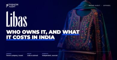 Libas brand audit by FashionAudit: Libas logo over a richly embroidered women's kurta set with a dupatta in jewel tones