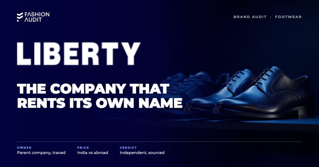 Liberty brand audit by FashionAudit: Liberty logo over a pair of formal leather shoes and casual sneakers on a store shelf