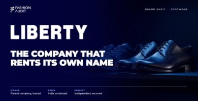 Liberty brand audit by FashionAudit: Liberty logo over a pair of formal leather shoes and casual sneakers on a store shelf