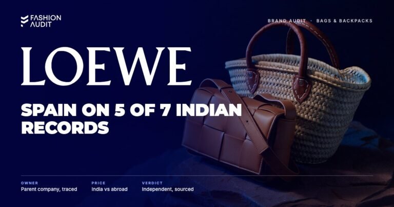 Loewe brand audit by FashionAudit: Loewe logo over a soft puzzle-panelled leather bag in tan and a woven raffia basket bag