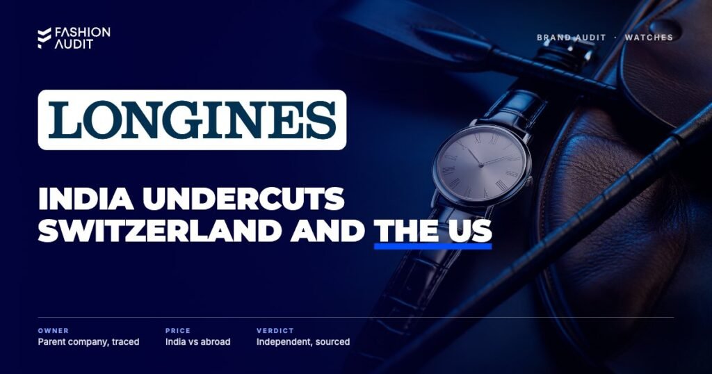 Longines brand audit by FashionAudit: Longines logo over an elegant classic dress watch