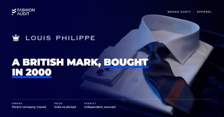 Louis Philippe brand audit by FashionAudit: Louis Philippe logo over a premium white formal shirt with cufflinks and a silk tie on a dark velvet
