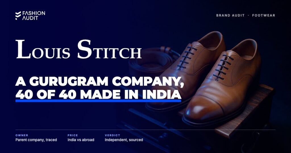 Louis Stitch brand audit by FashionAudit: Louis Stitch logo over tan leather oxford shoes and a belt