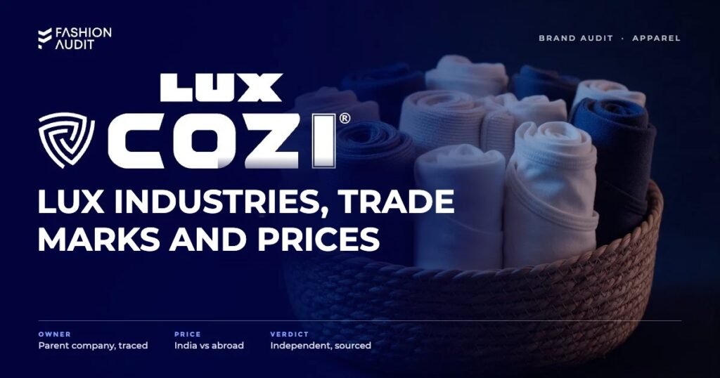 Lux Cozi brand audit by FashionAudit: Lux Cozi logo and the headline “Lux Industries, Trade Marks and Prices” over thermal innerwear and soft cotton vests rolled neatly in a woven basket