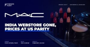 MAC brand audit by FashionAudit: MAC logo over black bullet lipsticks and a powder compact
