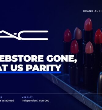 MAC brand audit by FashionAudit: MAC logo over black bullet lipsticks and a powder compact