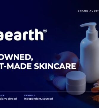 Mamaearth brand audit by FashionAudit: Mamaearth logo and the headline “Honasa-Owned, Contract-Made Skincare” over skincare bottles with onion