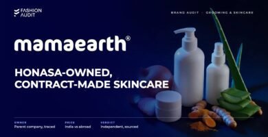 Mamaearth brand audit by FashionAudit: Mamaearth logo and the headline “Honasa-Owned, Contract-Made Skincare” over skincare bottles with onion