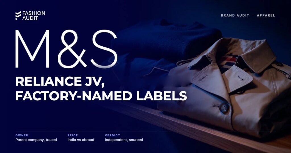 Marks & Spencer brand audit by FashionAudit: Marks & Spencer logo and the headline “Reliance JV, Factory-Named Labels” over a folded merino jumper