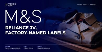 Marks & Spencer brand audit by FashionAudit: Marks & Spencer logo and the headline “Reliance JV, Factory-Named Labels” over a folded merino jumper