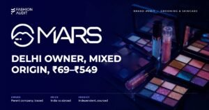 MARS Cosmetics brand audit by FashionAudit: MARS Cosmetics logo and the headline “Delhi Owner, Mixed Origin, ₹69–₹549” over colourful eyeshadow palettes and lip glosses with sparkle on dark glass