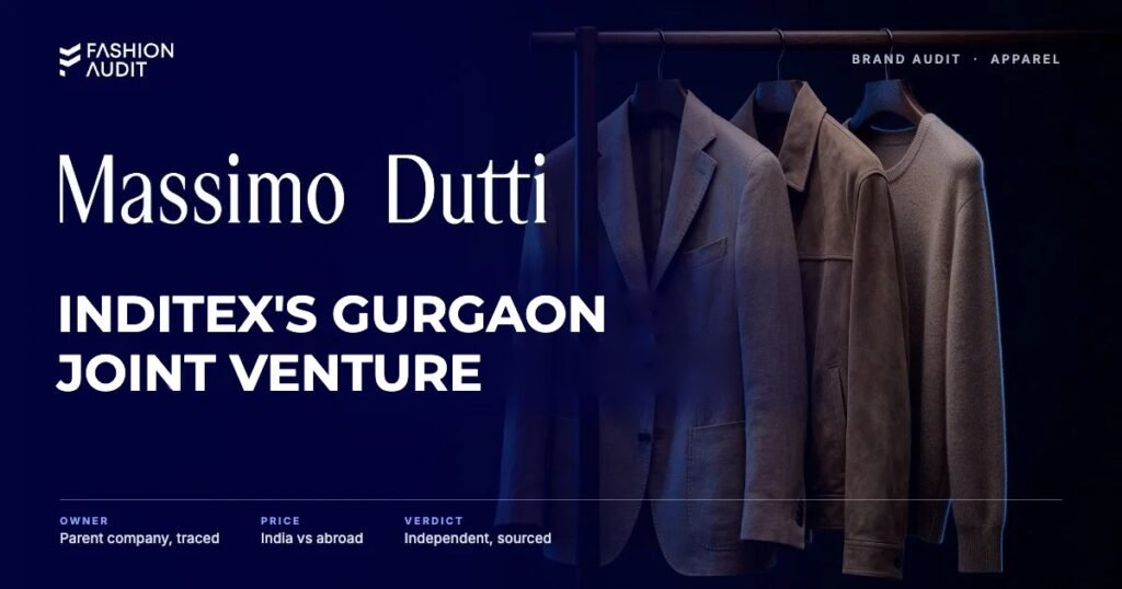 Massimo Dutti brand audit by FashionAudit: Massimo Dutti logo and the headline “Inditex's Gurgaon Joint Venture” over a tailored linen blazer