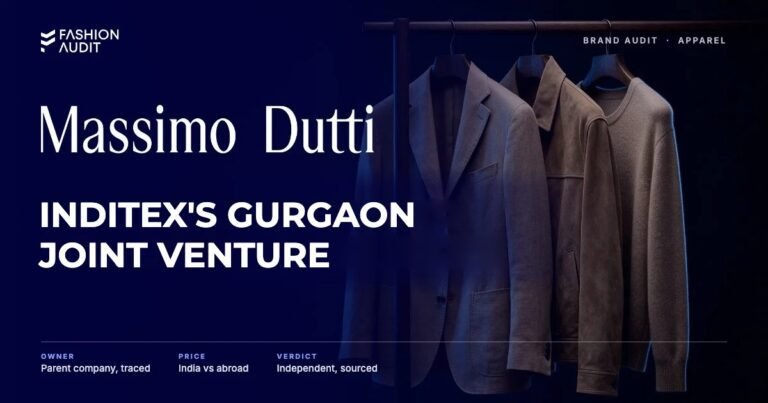 Massimo Dutti brand audit by FashionAudit: Massimo Dutti logo and the headline “Inditex's Gurgaon Joint Venture” over a tailored linen blazer