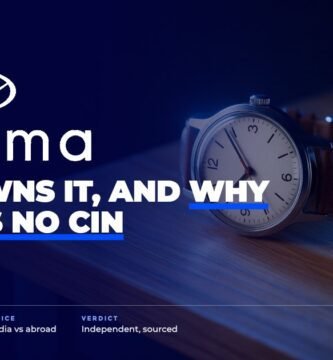 Maxima brand audit by FashionAudit: Maxima logo over an affordable classic analog wristwatch with a leather strap on a wooden desk