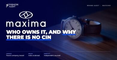 Maxima brand audit by FashionAudit: Maxima logo over an affordable classic analog wristwatch with a leather strap on a wooden desk