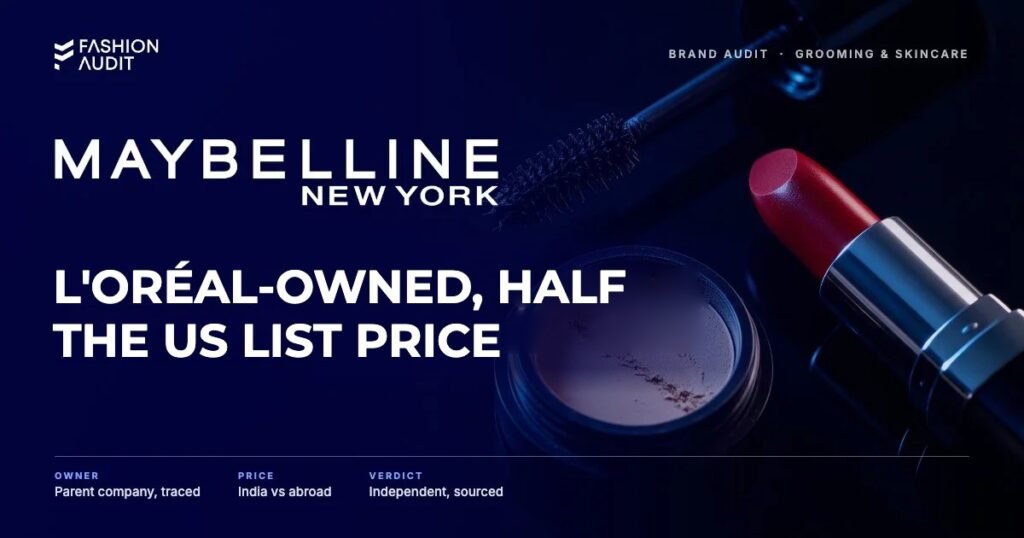 Maybelline brand audit by FashionAudit: Maybelline logo and the headline “L'Oréal-Owned, Half the US List Price” over a mascara wand with dramatic lashes