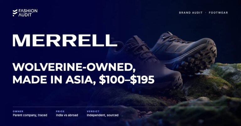 Merrell brand audit by FashionAudit: Merrell logo and the headline “Wolverine-Owned, Made in Asia, $100–$195” over a pair of rugged trail hiking shoes with grippy lugged soles